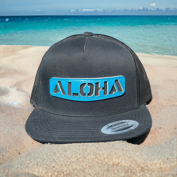 ALOHA Blue Pattern Panel Black Trucker Hat